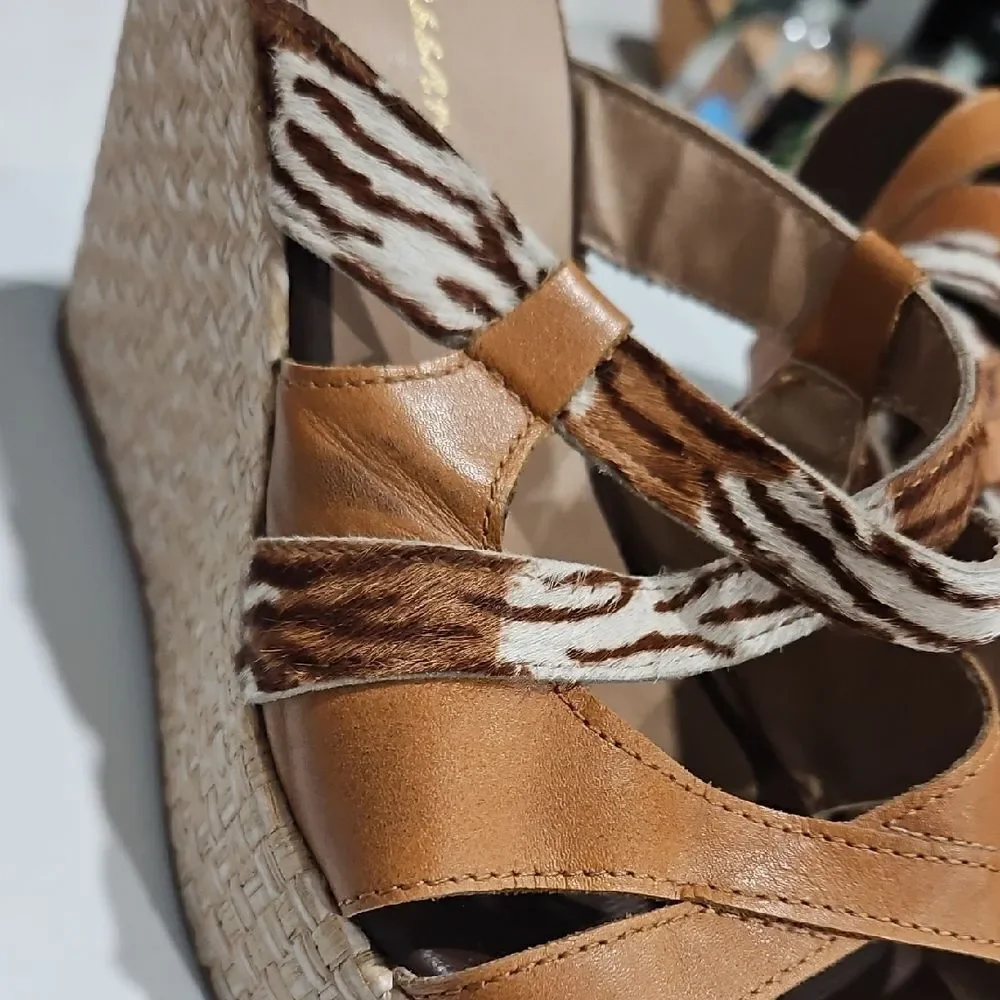 Patterned Brown and Tan Wedge Sandals